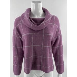 Lumiere Womens Cowl Neck Windowpane Check Sweater Size XS Purple Gray Fuzzy NEW